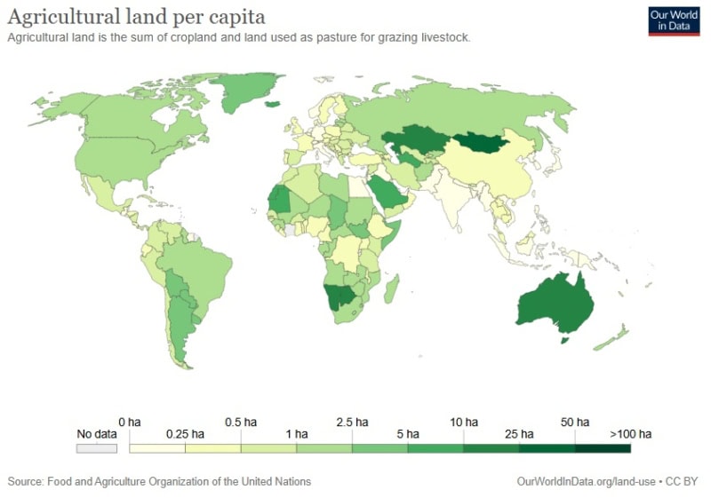 A global map depicts agricultural land use per capita.